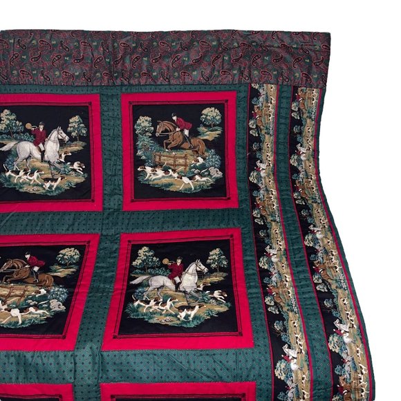 Handmade Vintage 70's Equestrian Horse Rider Beagle Hunting Paisley Quilt 66X52 - Picture 3 of 11